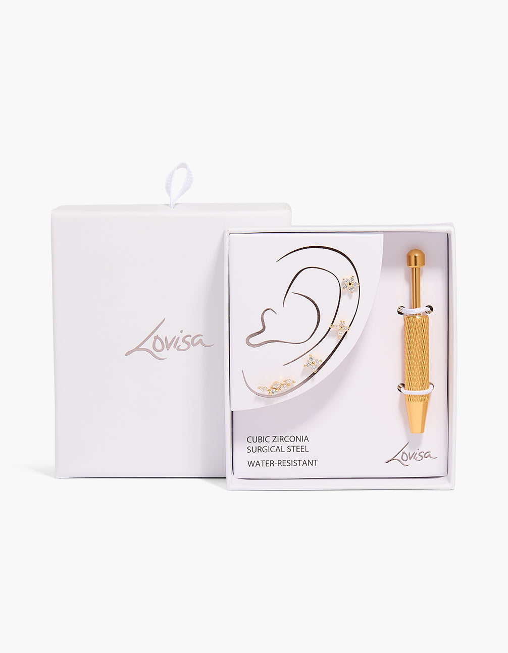 Showcasing gold plated surgical steel flat back tool and floral vine studs pack with cubic zirconia in clear close up view