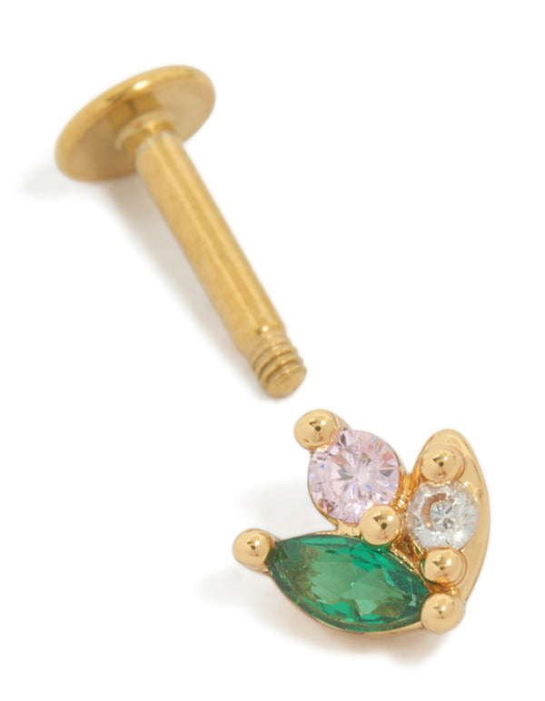 Displaying a gold plated surgical steel green cubic zirconia cluster single flat back stud with post detail view