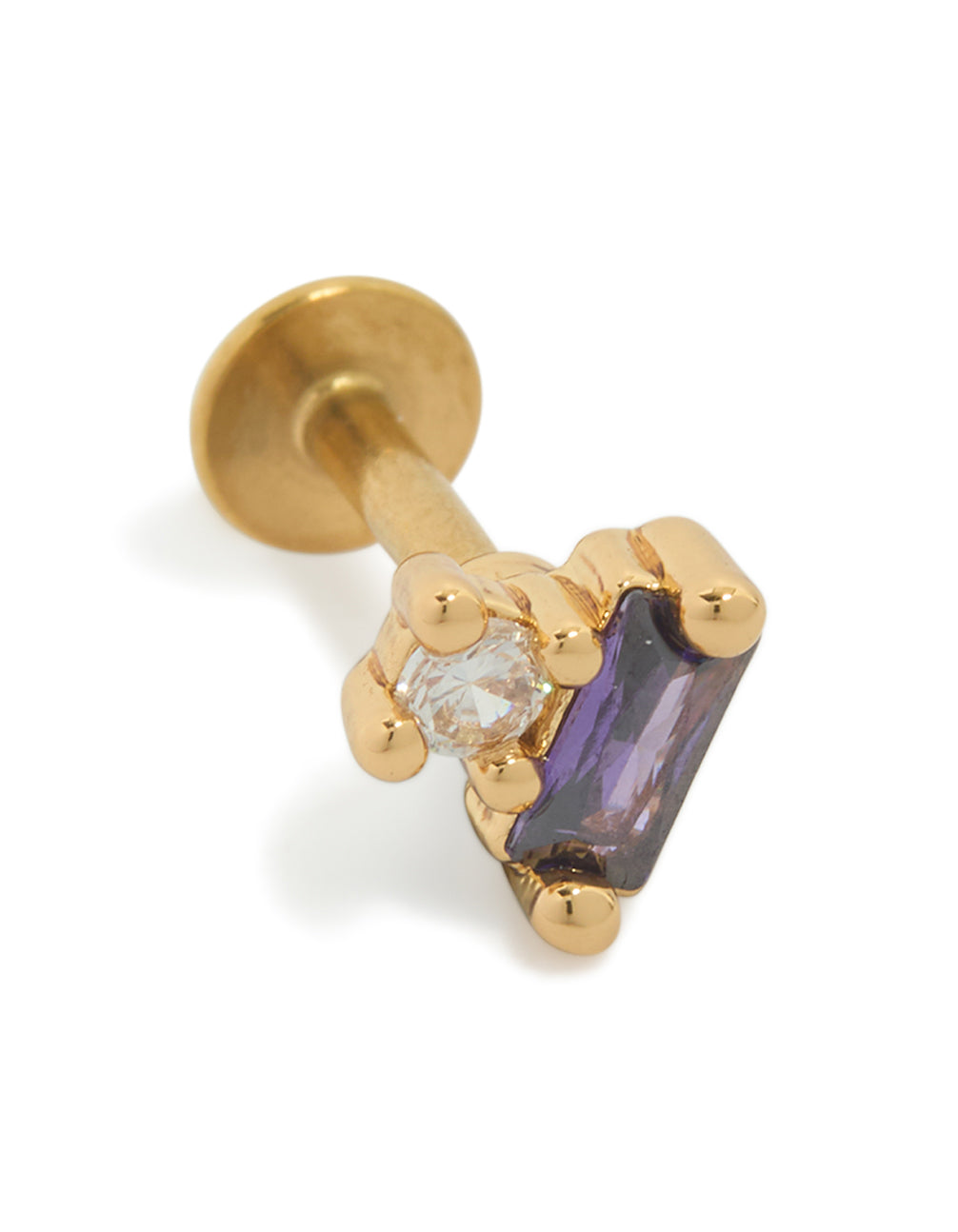 Featuring a gold plated surgical steel purple rectangle cubic zirconia single flat back stud with crystal accents front view
