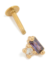 Featuring a gold plated surgical steel purple rectangle cubic zirconia single flat back stud with crystal and clear accents post detail view - link has visual effect only