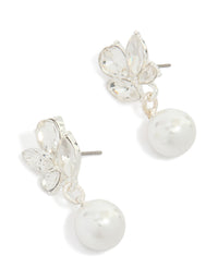 Elegant crystal marquise pearl stud drop earrings in white and silver with stud closure front view - link has visual effect only