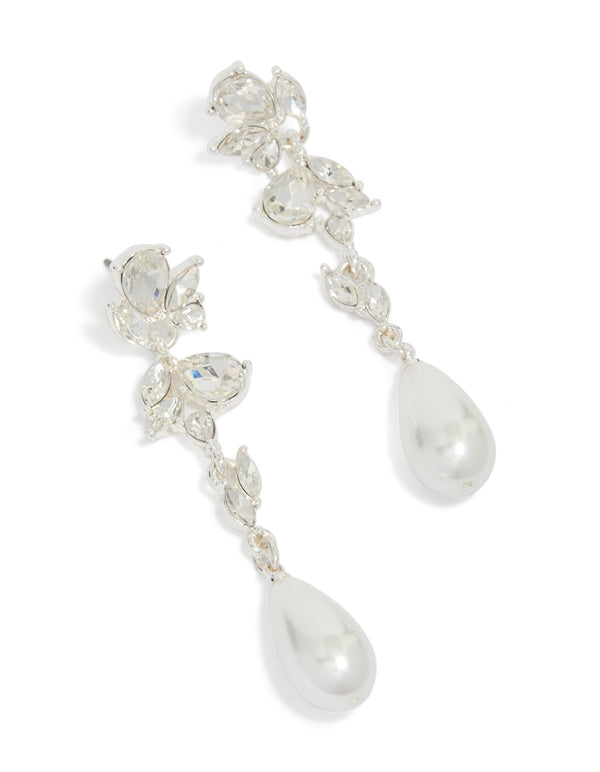Elegant silver pearl and crystal leaf drop earrings in ivory and clear front view