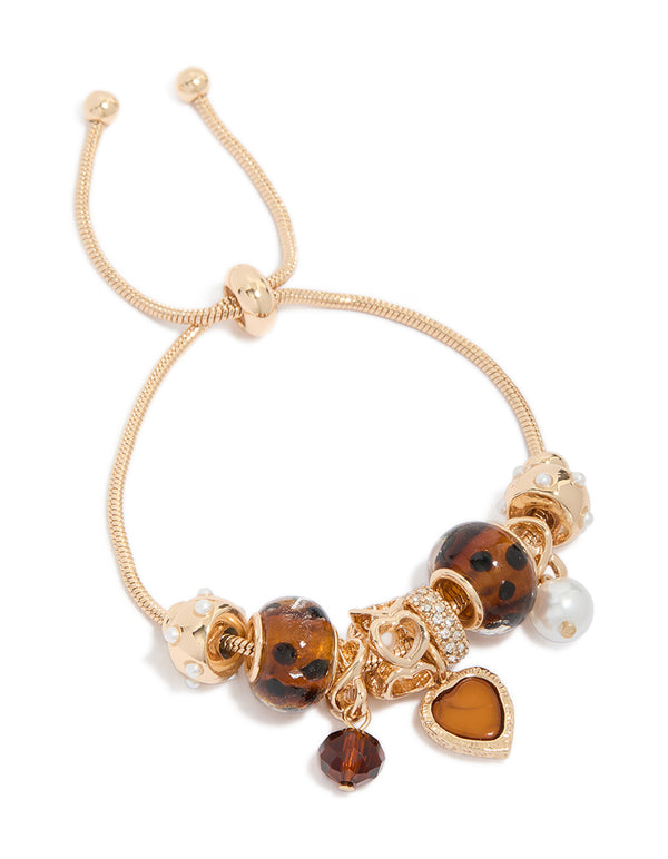 Gold Tortoiseshell Beads & Heart Charm Toggle Bracelet