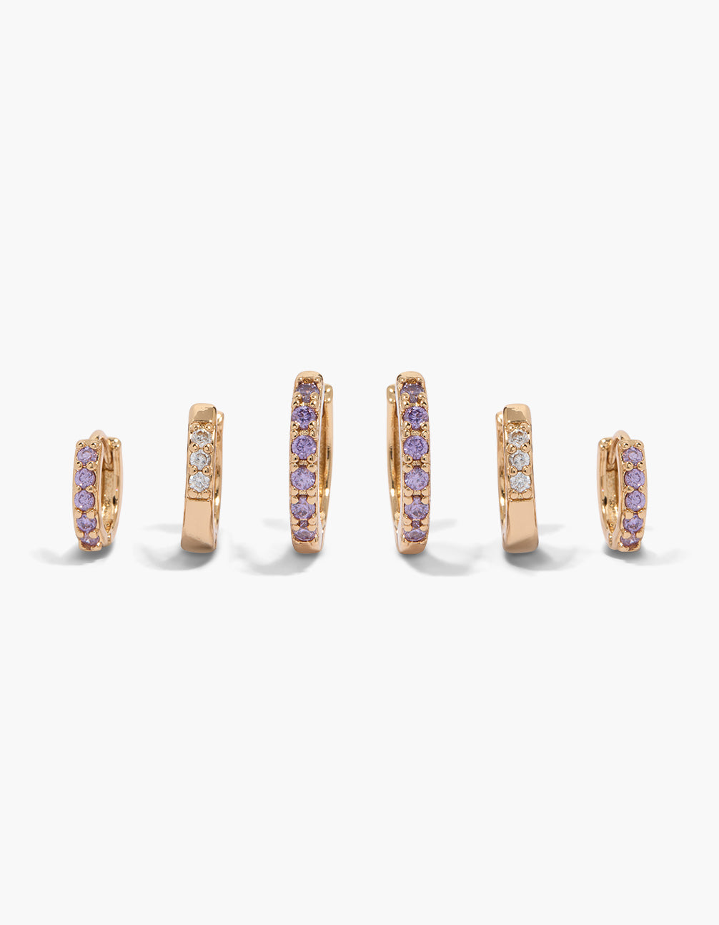 Gold Clear & Purple Cubic Zirconia Simple Huggie Earrings 3-Pack