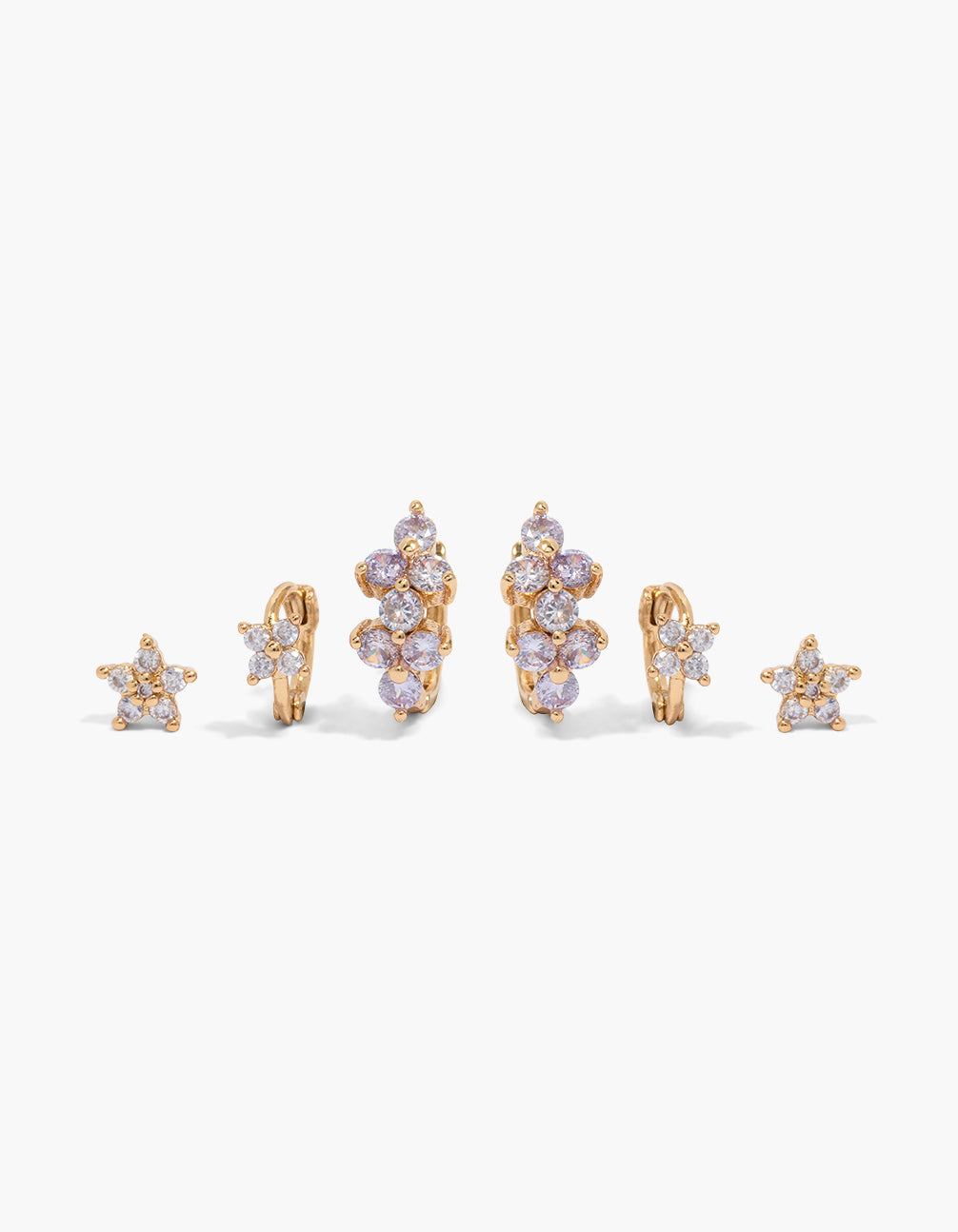 Gold Lilac Cubic Zirconia Flower Stud & Huggie Earrings 3-Pack