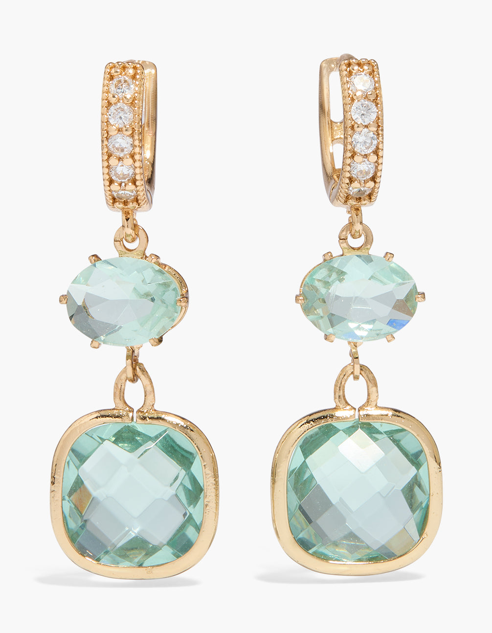 Gold Double Light Blue Cubic Zirconia Huggie Drop Earrings