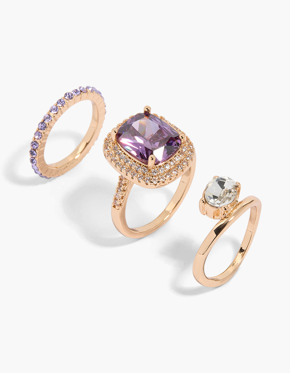 Gold Clear &  Purple Cubic Zirconia Rings 3-Pack
