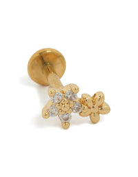 Showcasing a dainty floral stud featuring gold plated titanium with cubic zirconia double flower design and flat back closure front view - link has visual effect only