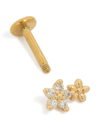 Beautifully crafted dainty floral stud in gold plated titanium with cubic zirconia double flower and flat back closure detail view - link has visual effect only