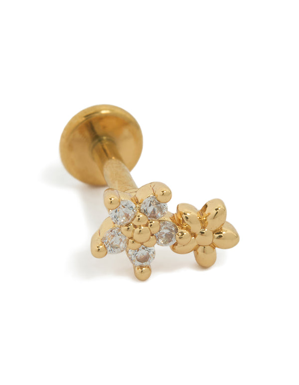 Showcasing a dainty floral stud featuring gold plated titanium with cubic zirconia double flower design and flat back closure front view