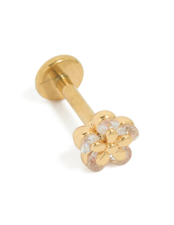 Showcasing a dainty floral stud earring crafted from gold plated titanium with cubic zirconia and flat back closure front view