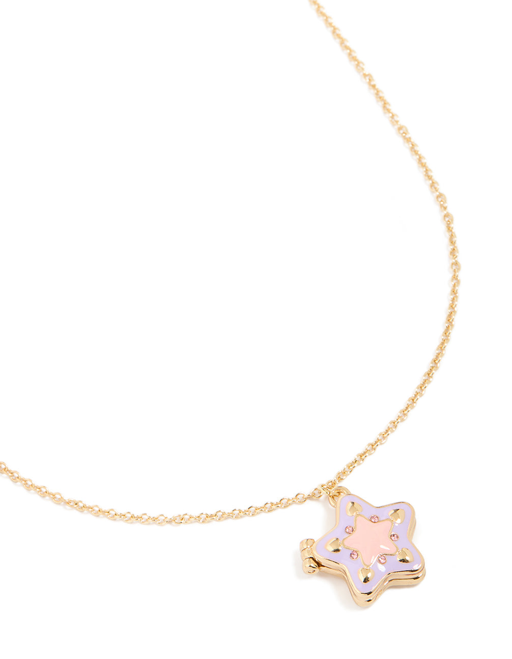 Beautifully crafted kids gold enamel star locket necklace featuring celestial pendant front view
