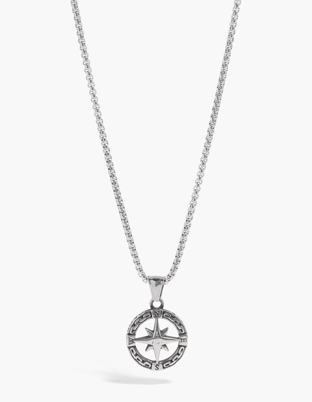 Explore this waterproof stainless steel compass pendant necklace in silver close up view
