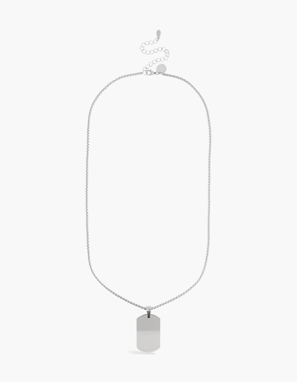 Crafted from waterproof stainless steel, this classic dog tag necklace in silver features clasp detail view