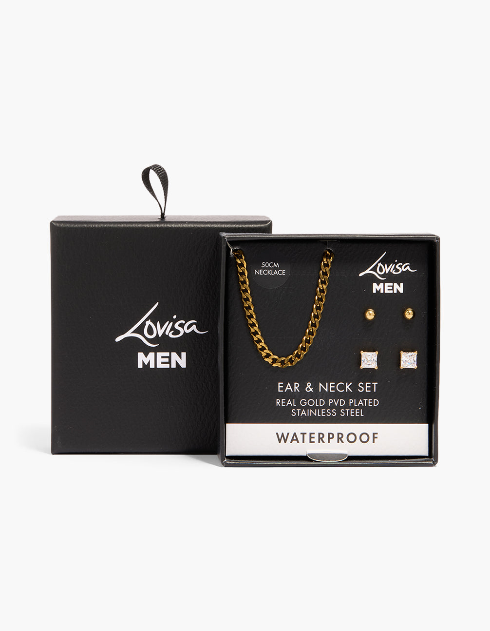Mens Waterproof Gold Plated Stainless Steel Cubic Zirconia Earrings & Necklace Set