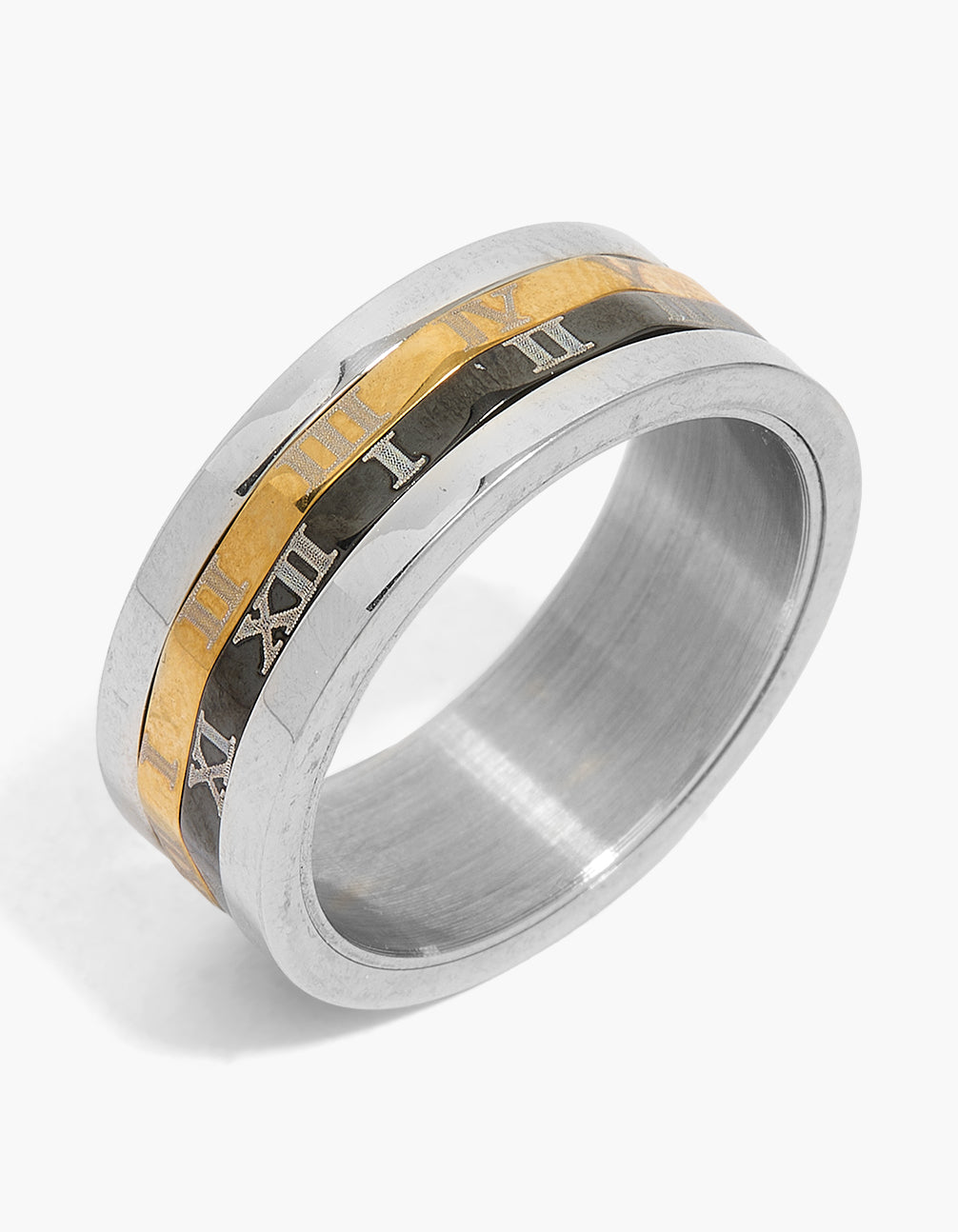 Mens Waterproof Mixed Plated Stainless Steel Roman Numeral Multi Band Ring