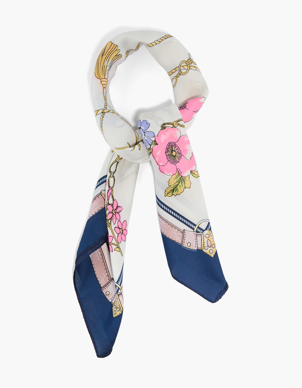 Flowers & Rope Print Scarf in white, navy and pink side view
