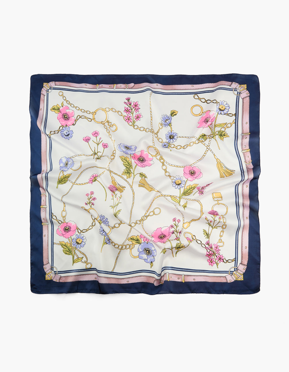 Flowers & Rope Print Scarf in white, navy and pink front view