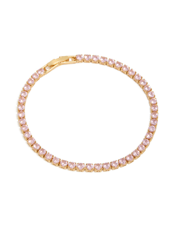 Gold Plated Cubic Zirconia Pink Tennis Bracelet