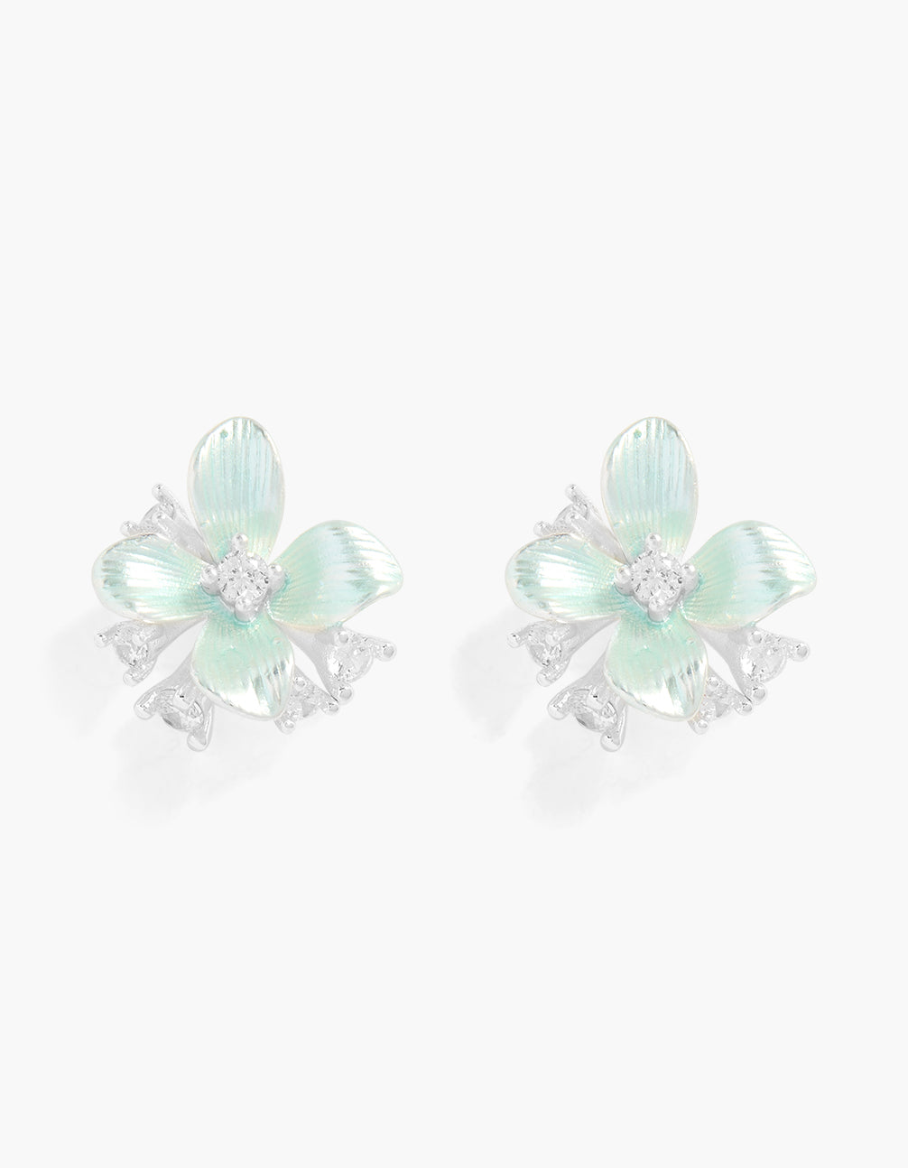 Discover silver plated cubic zirconia iridescent blue flower stud earrings in pale turquoise and clear front view