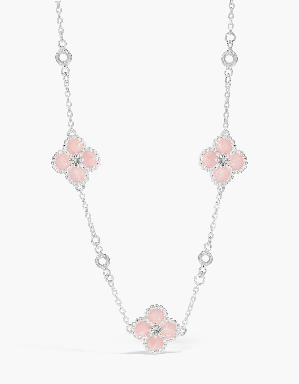 Silver Plated Pink Cubic Zirconia Flowers Necklace