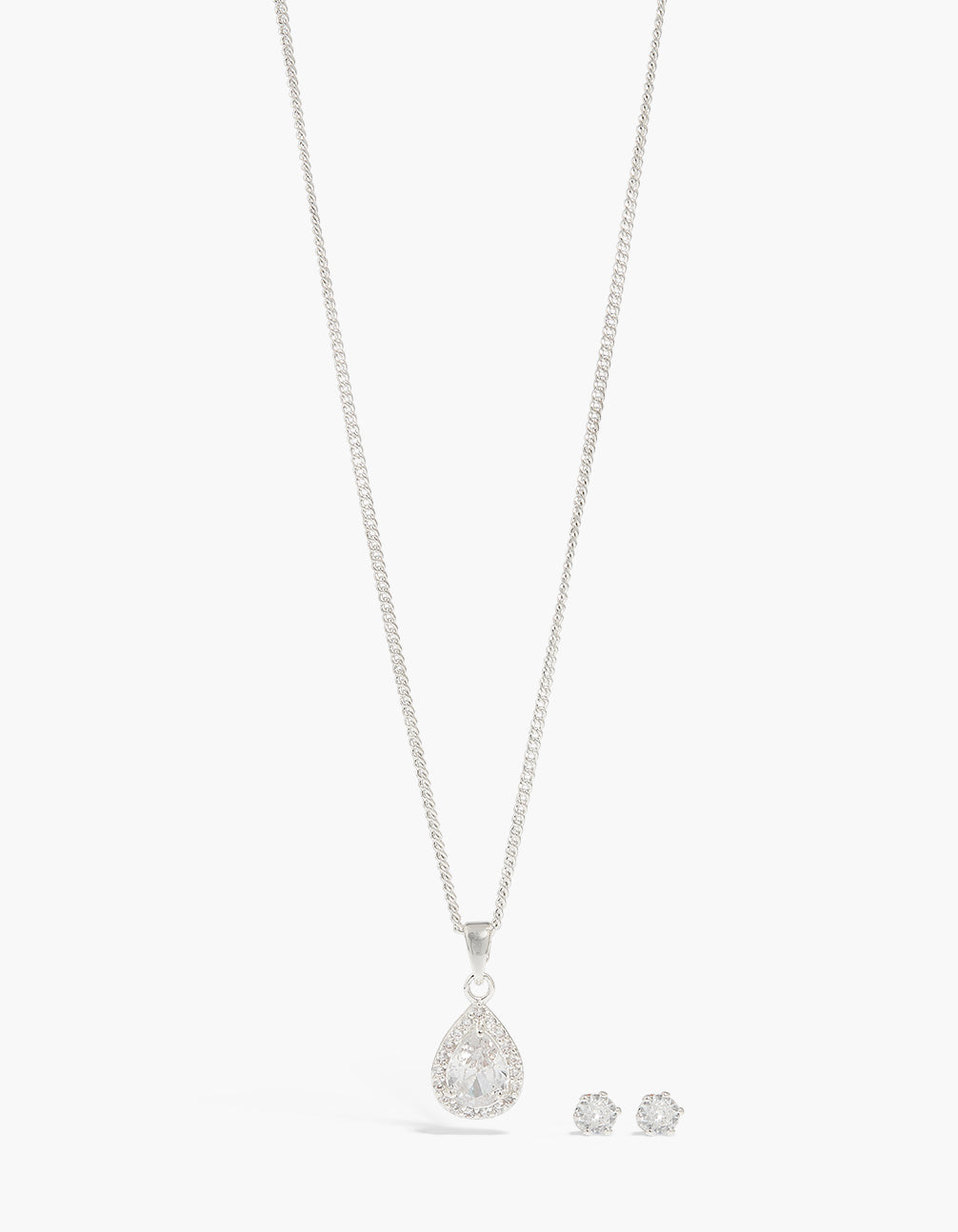 Silver Plated Cubic Zirconia Halo Teardrop Necklace & Earrings Set