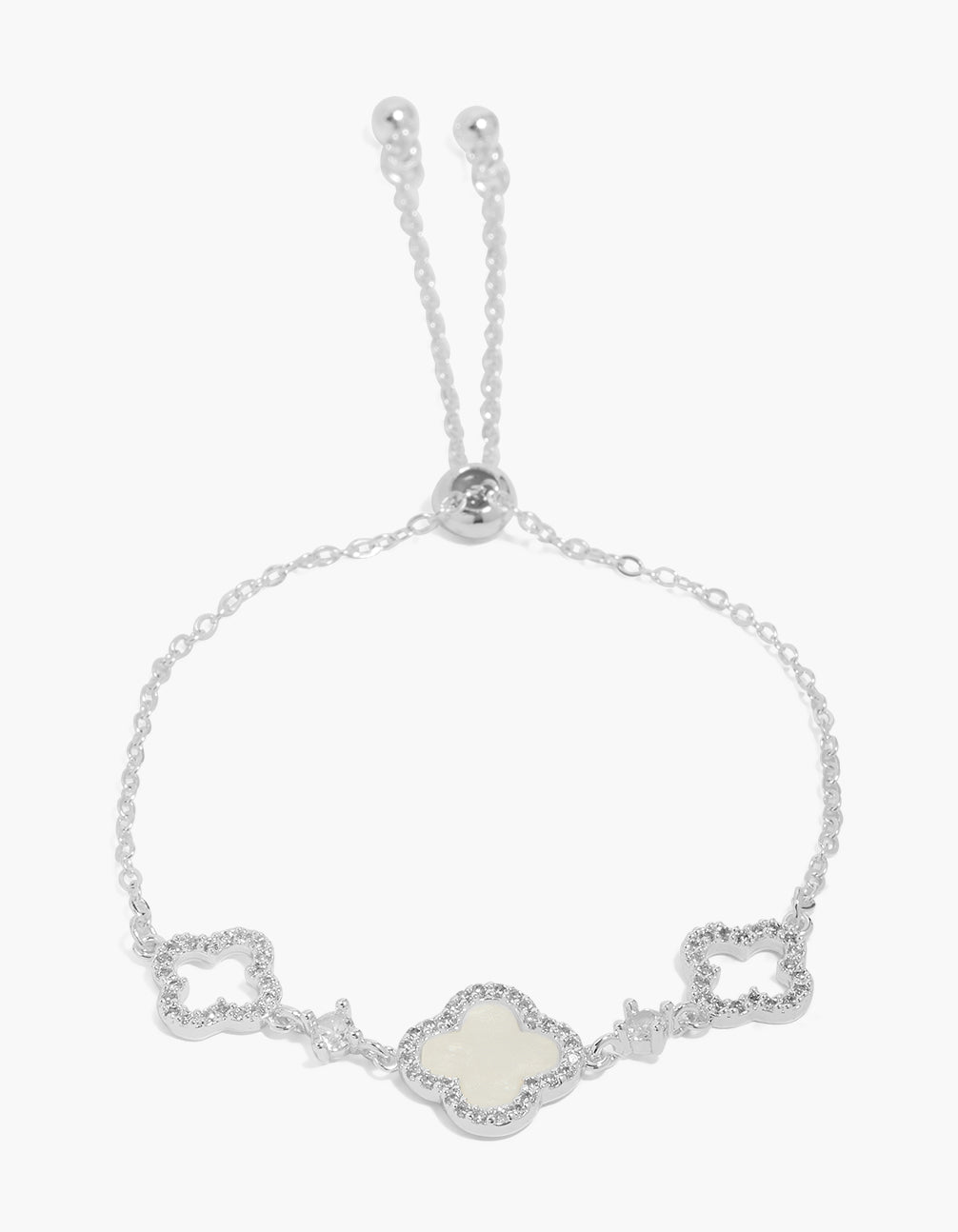 Silver Plated Cubic Zirconia Flower Trio Inlay Toggle Bracelet