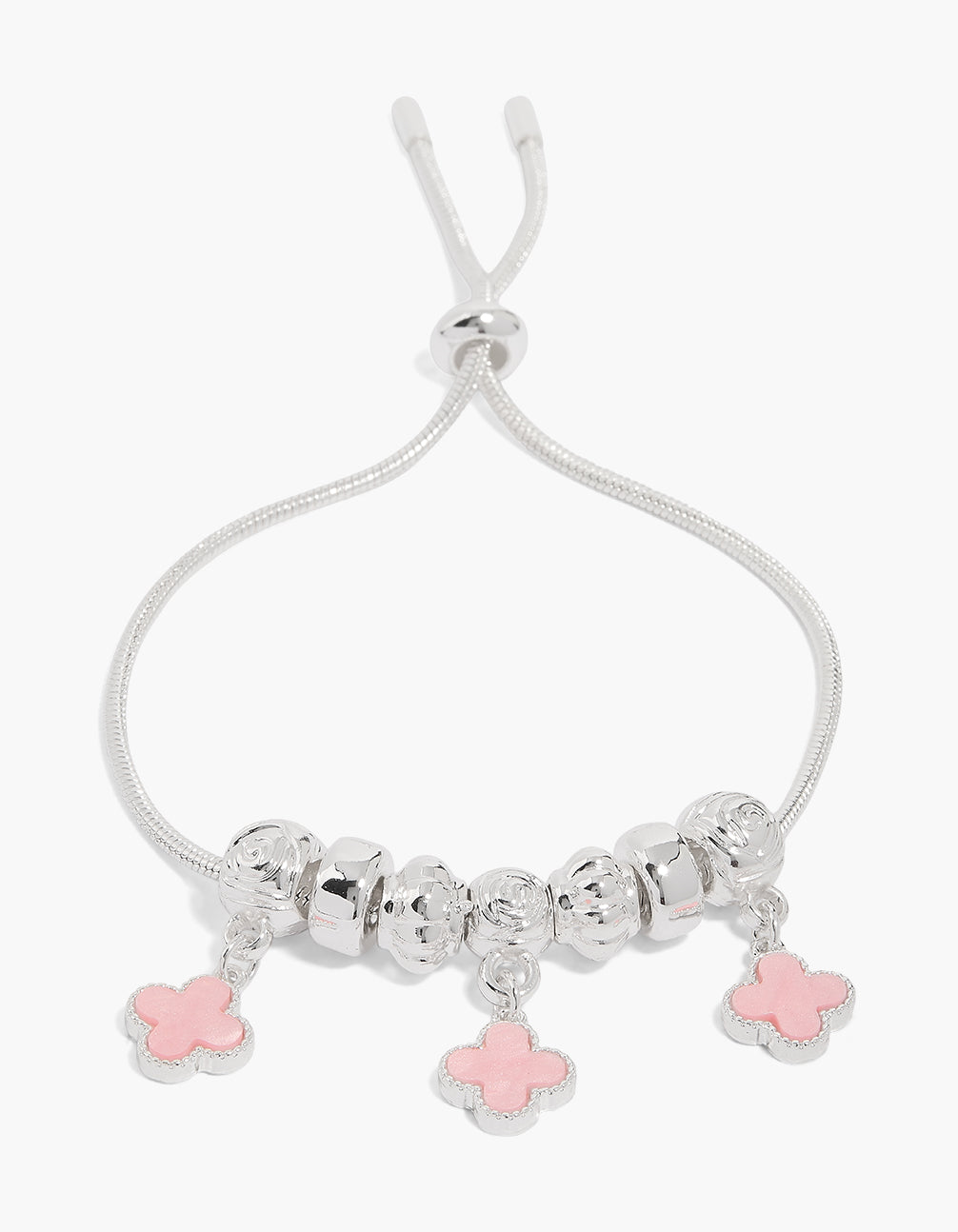 Silver Plated Pink Flower Trio Toggle Bracelet