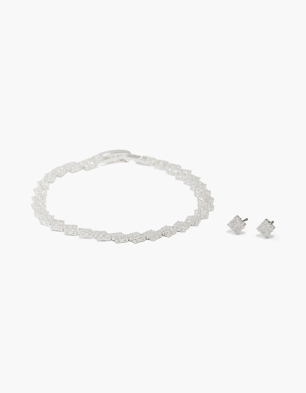 Silver Plated Cubic Zirconia Flower Tennis Bracelet & Earrings Set