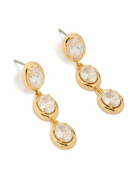 Elegant trio drop earrings featuring gold plated settings with oval cut cubic zirconia stones front view - link has visual effect only