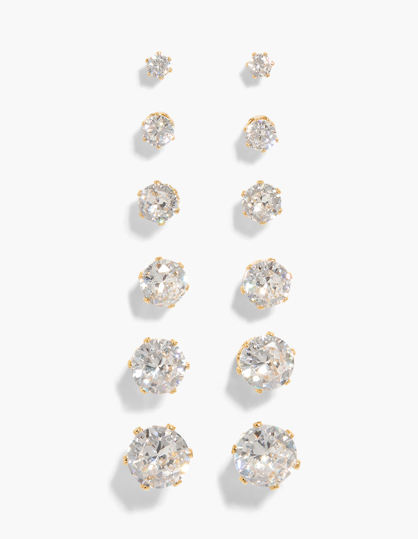 Showcasing waterproof gold plated stainless steel cubic zirconia multi-sized stud earrings in a 6-pack with crystal accents front view