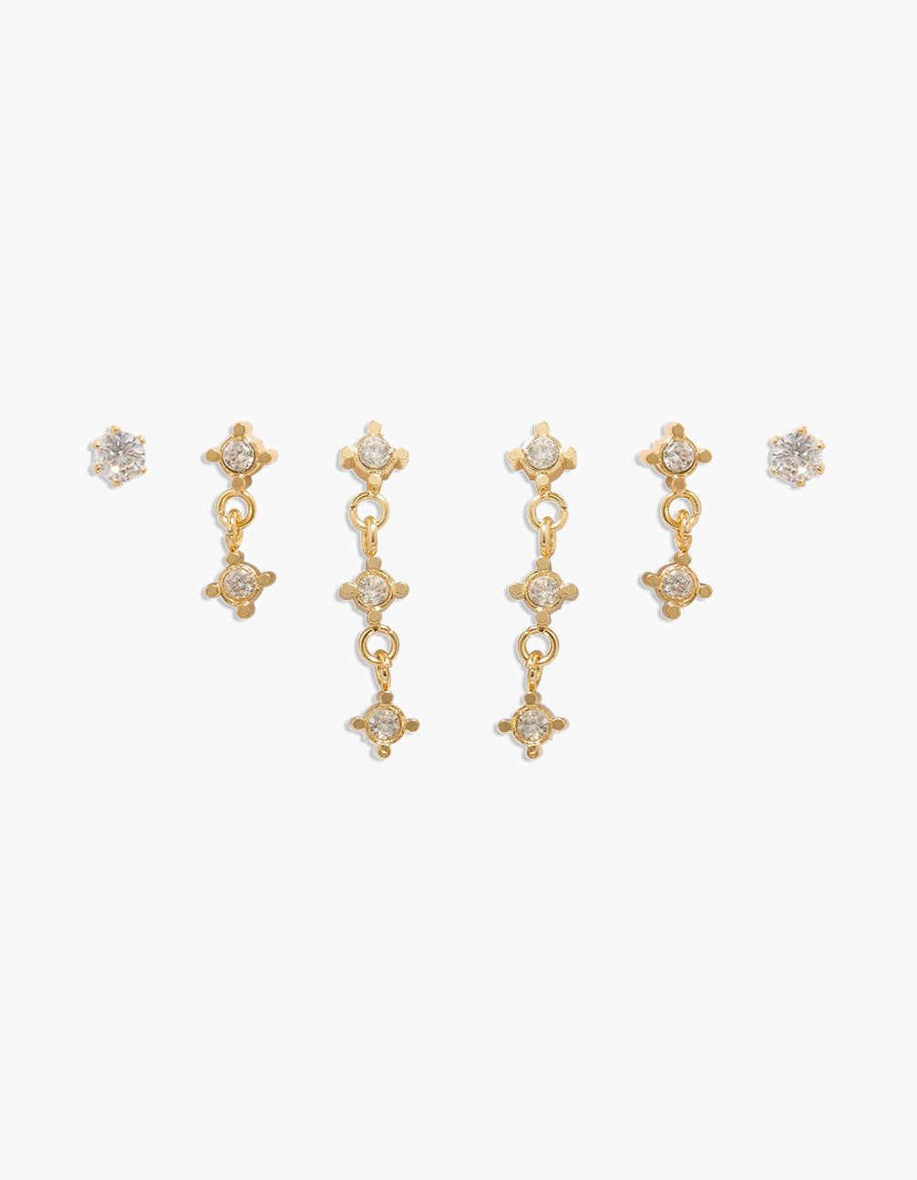 Showcasing waterproof gold plated stainless steel cubic zirconia drop earrings in a 3-pack with stud closure front view