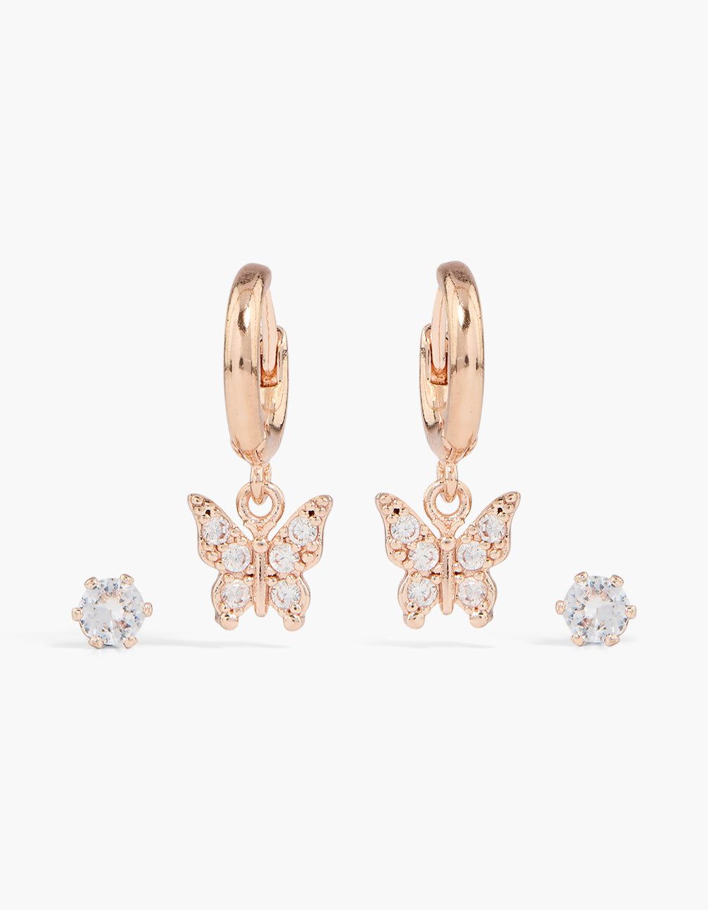 Rose Gold Plated Butterfly Charm Huggie & Stud Earrings 2-Pack