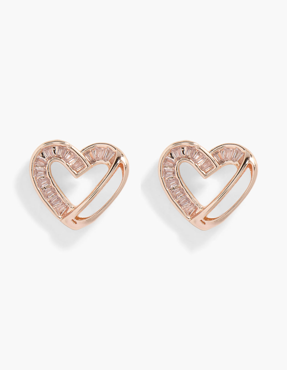 Elegant dainty heart stud earrings in rose gold plated finish with cubic zirconia and mother of pearl accents front view