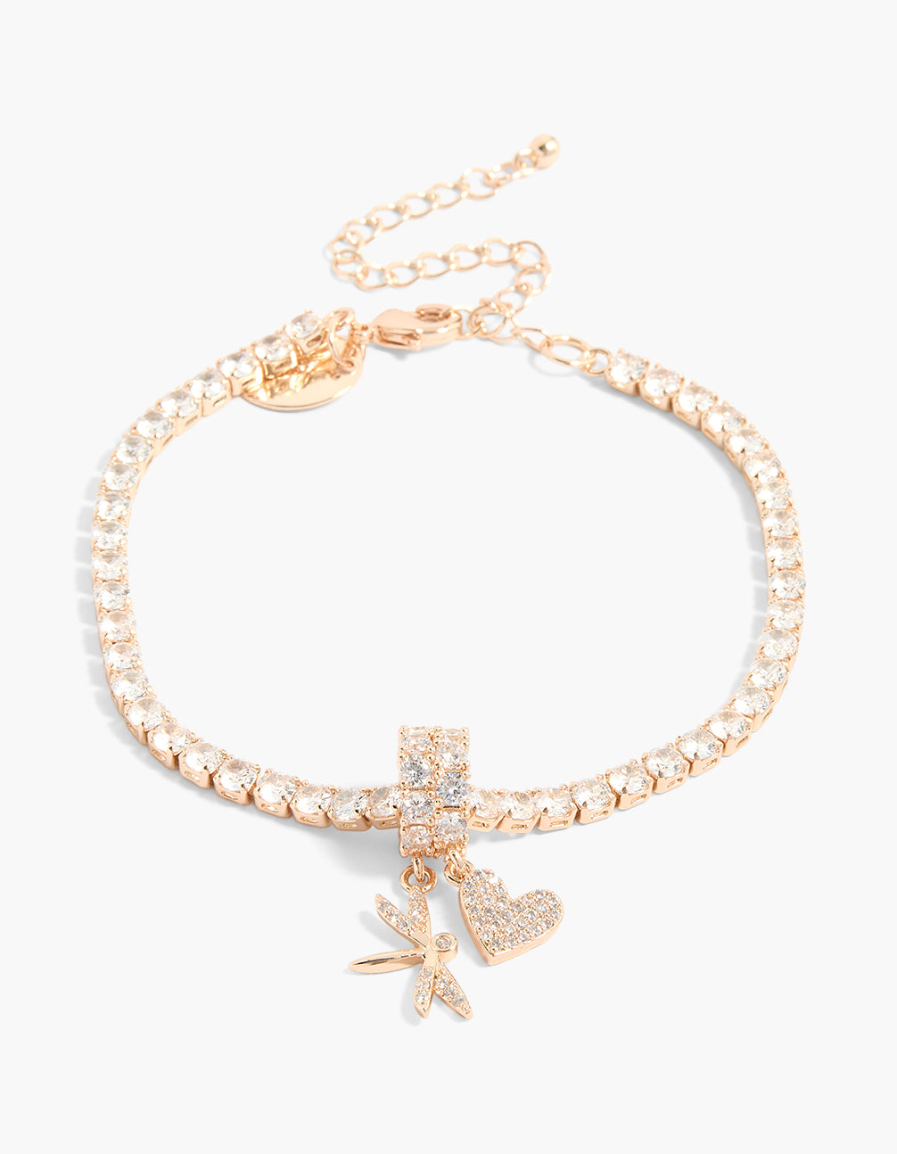 Rose Gold Plated Cubic Zirconia Dragonfly & Heart Tennis Bracelet