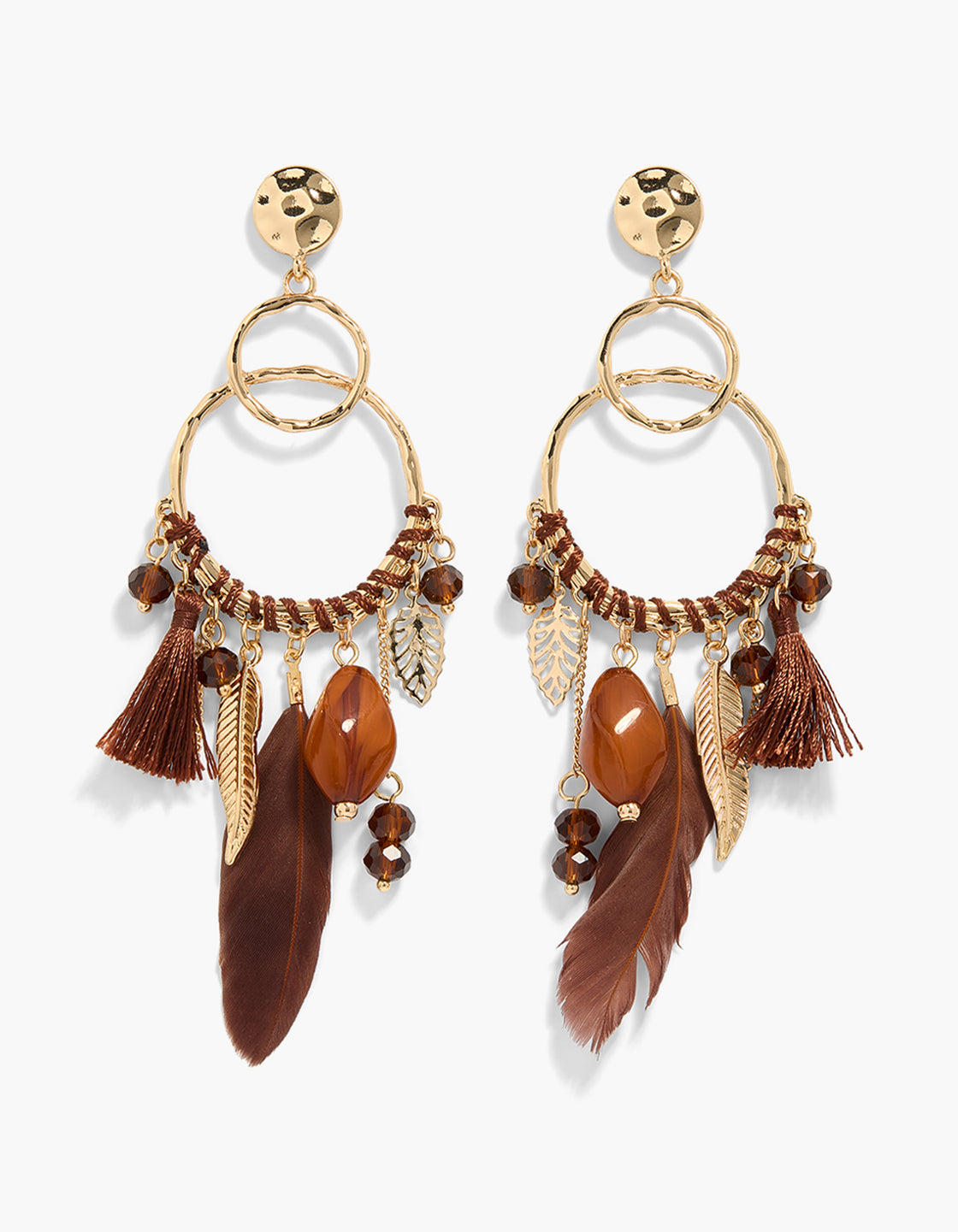 Showcasing statement earrings with beaded accents, tassel details, leaf charms, and feathers in gold and brown tones front view