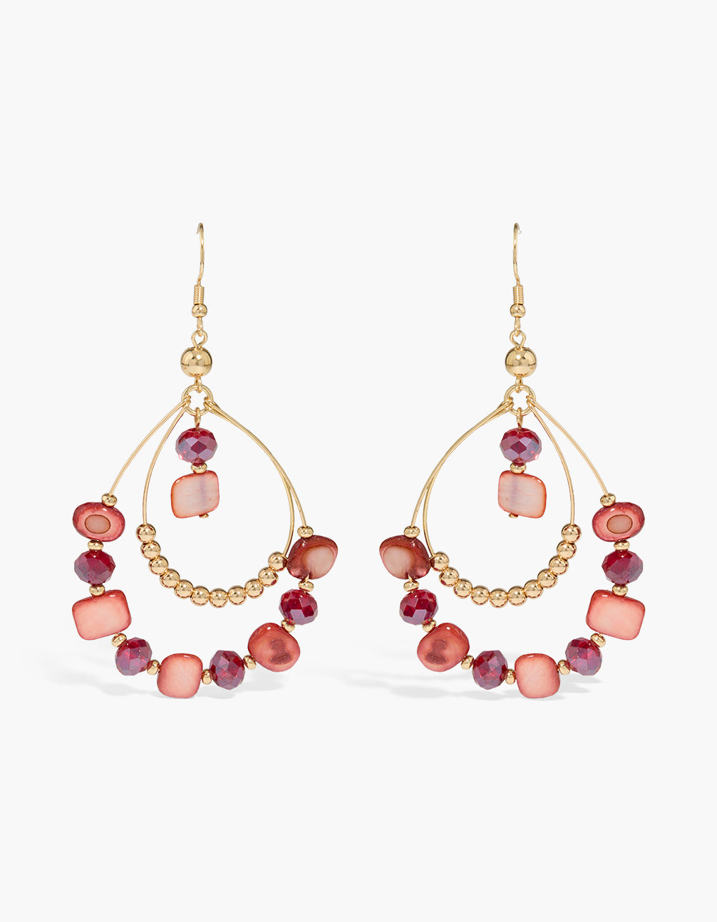 Crafted with teardrop-shaped beaded shell accents and balls in statement style, these gold red earrings showcase a layered design front view