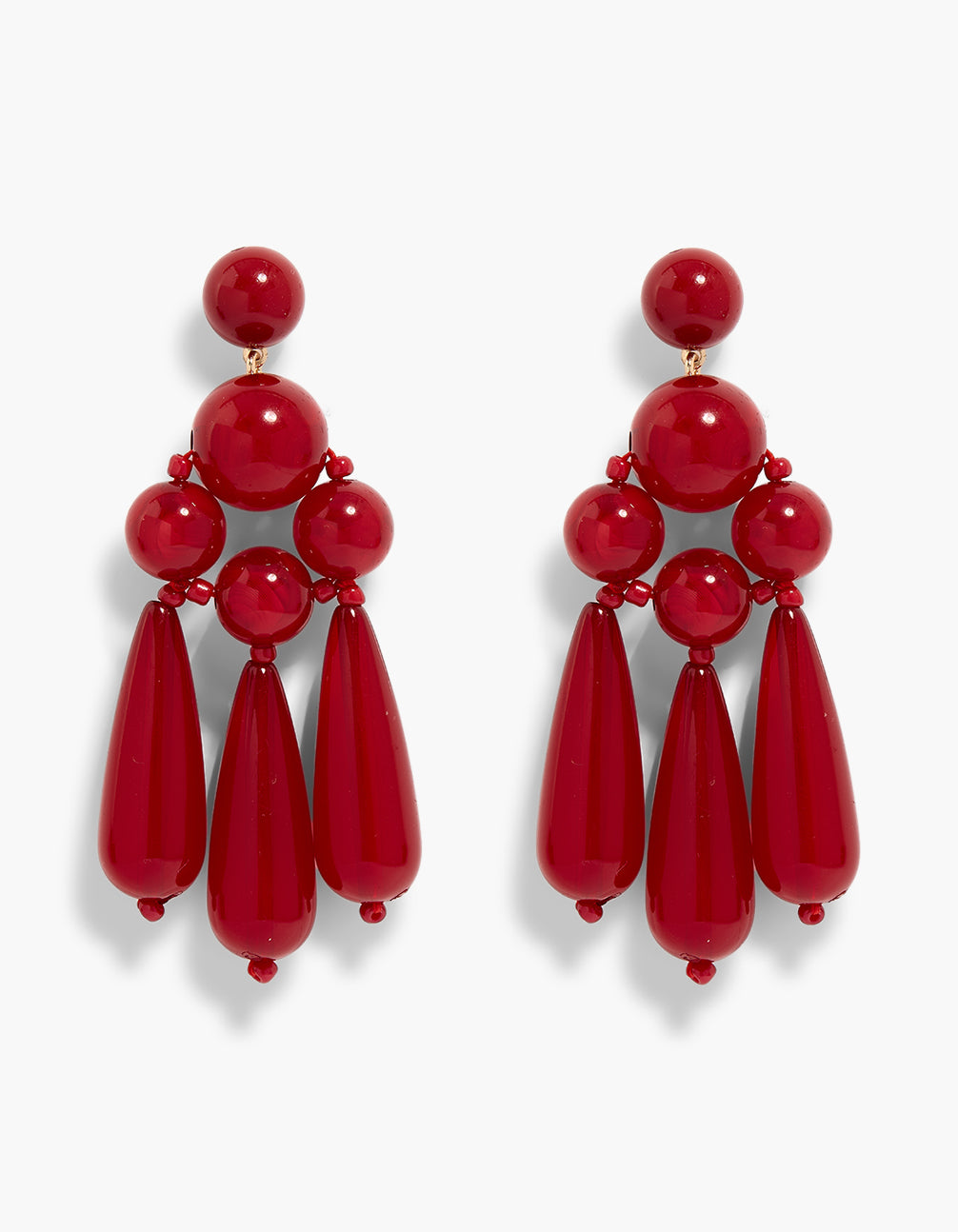Showcasing red acrylic beaded diamond shape drop earrings with statement styling front view