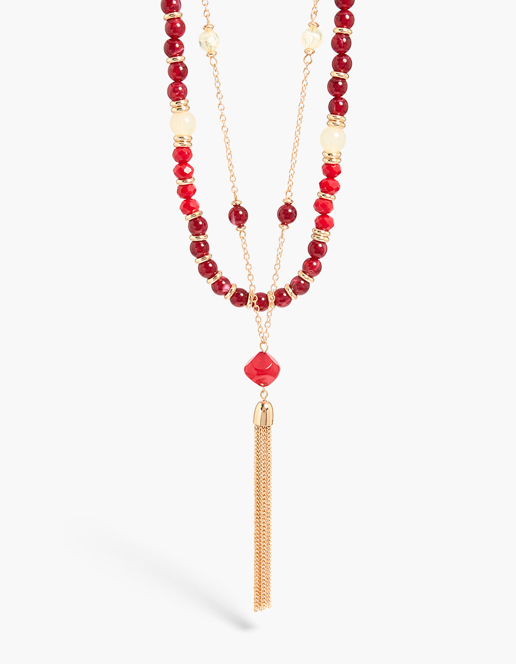Gold Red Beaded & Tassel Layered Necklace