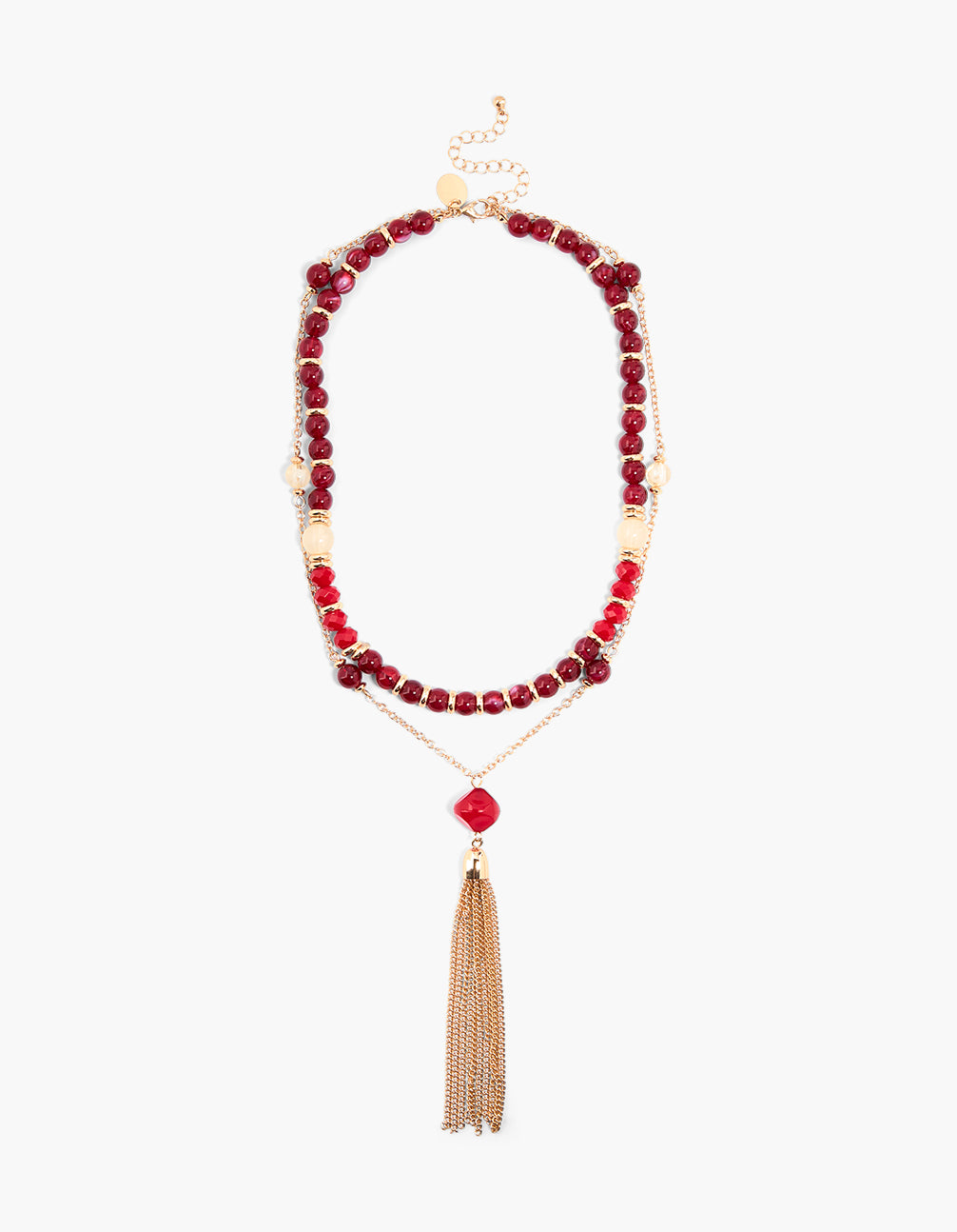 Gold Red Beaded & Tassel Layered Necklace