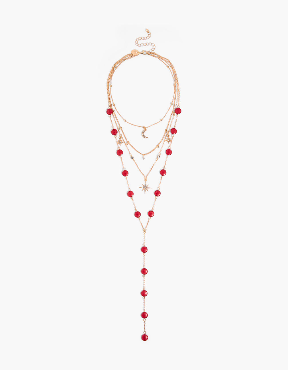 Displaying a gold celestial and red beaded Y-necklace with multi-strand design, ball details star and moon features front view