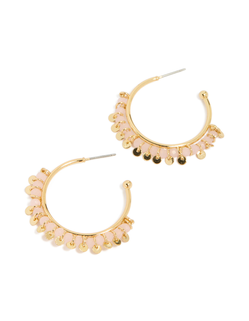 Showcasing statement hoop earrings featuring pink beads with gold plated charms front view