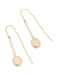 Exquisite threader earrings with pink beads and rose quartz drop crafted from gold plated material in statement style front view - link has visual effect only