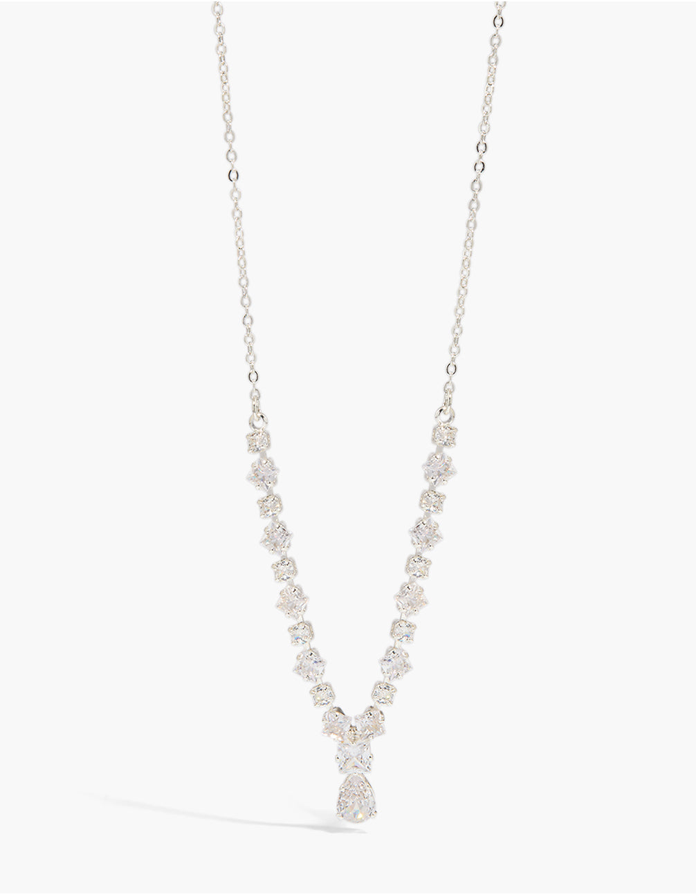 Elegantly crafted small graduating cubic zirconia Y-necklace in silver plated metal with dainty design front view