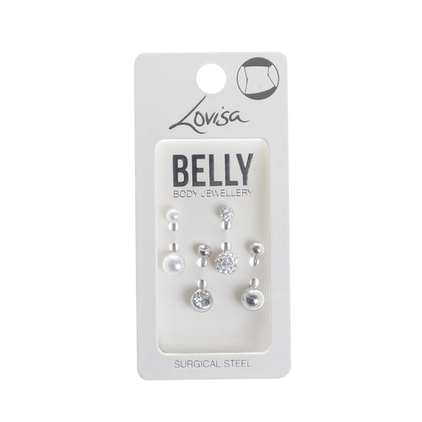 Rhodium Surgical Steel Pave & Diamante Belly Bar 4-Pack