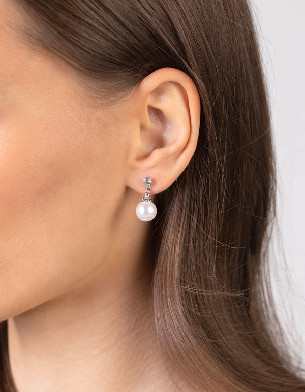 Sara Pearl Drop Diamante Earrings in Silver | ikrush