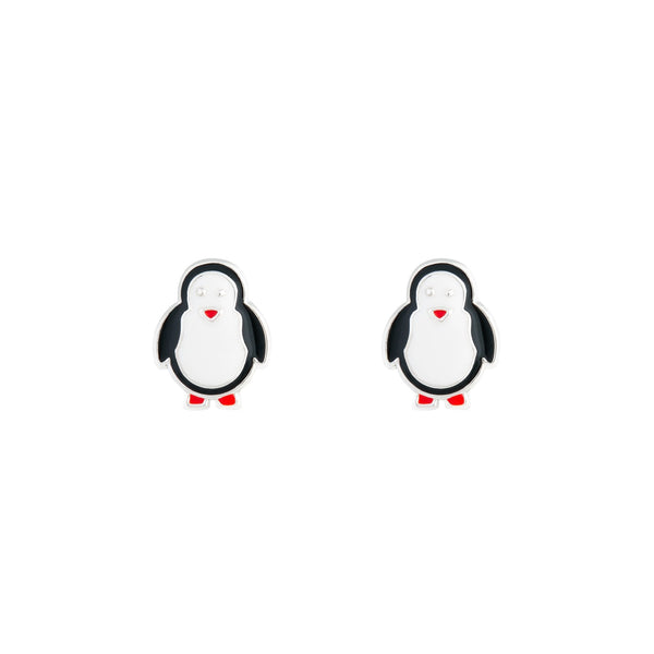 Black White Rhodium Penguin Stud Earrings