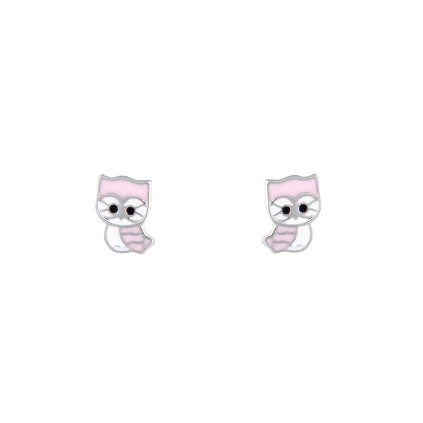 Pink White Owl Stud Earrings