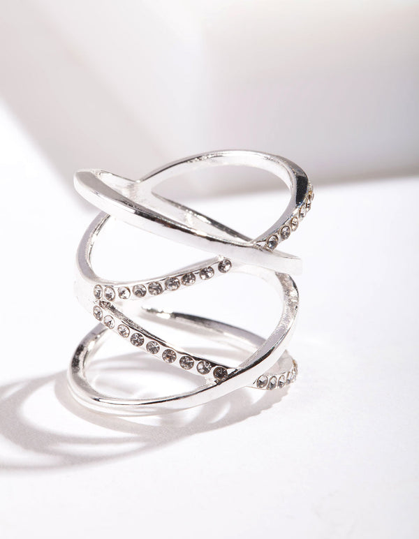 Silver Diamante Double Cross Ring