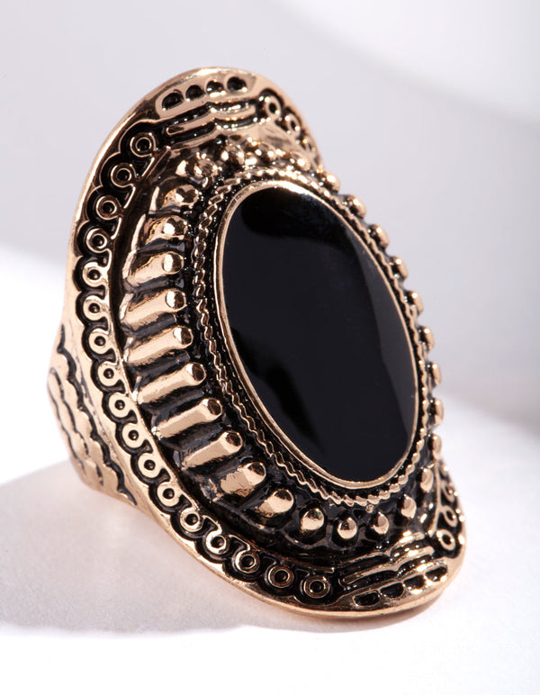 Antique Gold Oval Etched Border Ring